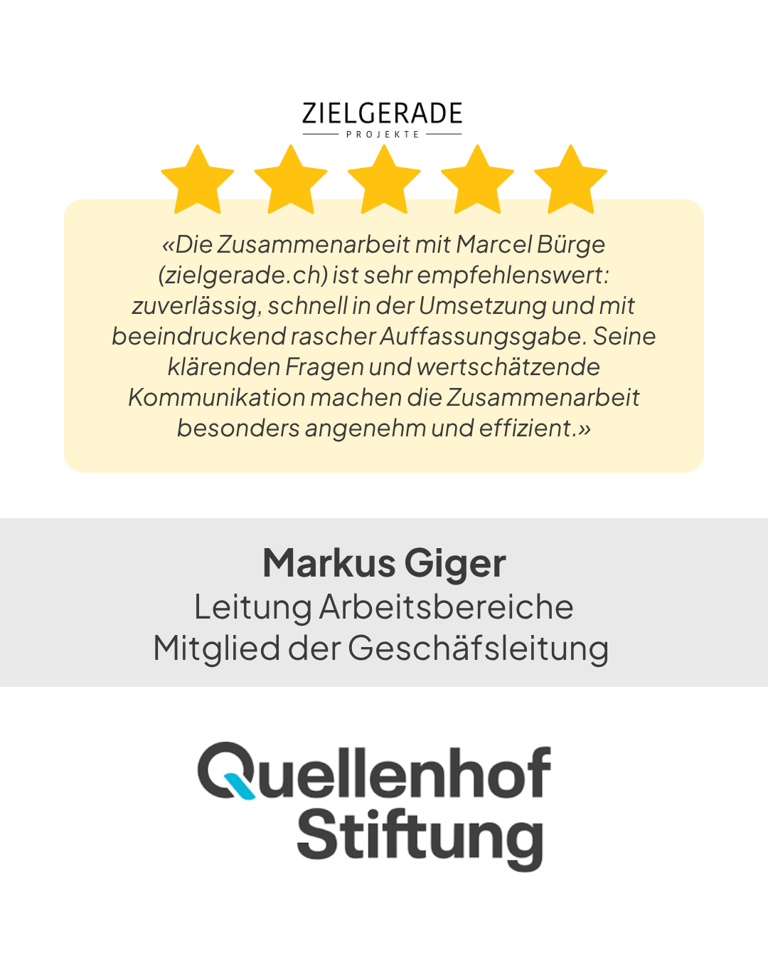 Testimonial von Markus Giger zur Zusammenarbeit mit ZIELGERADE | Projekte und der Quellenhof Stiftung