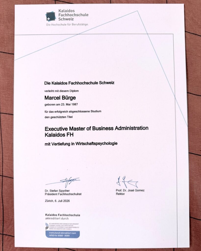 Offizielles Notenblatt des EMBA Studiums von Marcel Bürge an der Kalaidos Fachhochschule mit der Gesamtnote 5.8